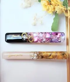 ブラック&パープル、ドライフラワー、レジンヘアクリップ、ヘアピン2点セット