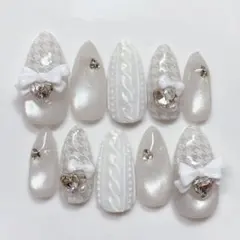 現品　ネイルチップ　マグ　千鳥柄　ニット　ワンホン　地雷系　ガーリー