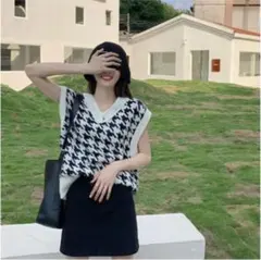 千鳥格子 Vネック ニット ベスト 韓国 オルチャン