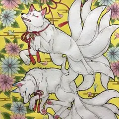 2匹の九尾狐　手描きイラスト　アナログイラスト