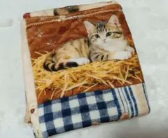 新品 猫柄ブランケット ひざ掛け パッチワーク風プリント 約98×75