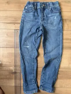 UNIQLO デニムブルー スリムフィット長ズボン 120 ダメージ加工あり