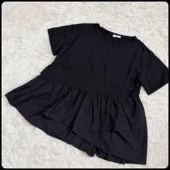 【a.v.v】アー・ヴェ・ヴェ 異素材切り替えペプラム半袖Tシャツ L 黒 上品のサムネイル