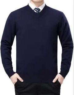 54) Vネック セーター メンズ ニット 薄手 秋冬 ビジネス 日常 濃紺　S