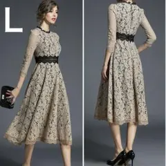 L 新品 ワンピース ドレス レディース ロング 結婚式 二次会 ベージュ