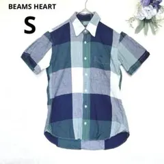 ビームスハート　半袖シャツ　チェック柄　ボタンダウン　コットン　カジュアル　S