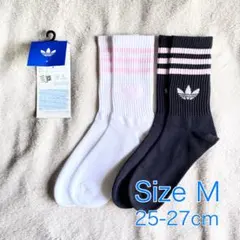 【新品】アディダス クルーソックス M ホワイト、ブラック×パールピンク 2足