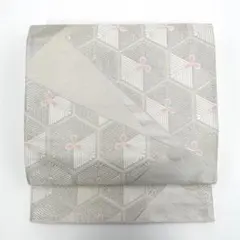 袋帯 正絹 亀甲 唐花 抽象 幾何学 吉祥文様 六通柄 シルバー 銀糸 ピンク