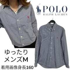 美品　ラルフローレン　ギンガムチェック　紺ネイビー　メンズサイズM 長袖シャツ