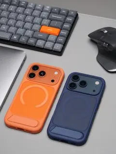 iPhone用ケース スタンド機能付き ネイビー/オレンジ