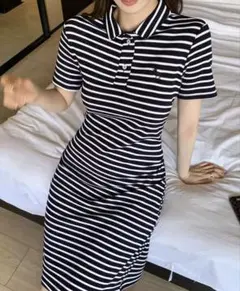 DAZYボーダー柄 ポロネック ミニワンピース 半袖 リブニット