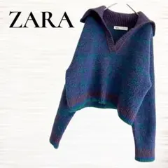 ZARA ザラ/Vネック/ニット/セーター/ワイドカラー/ショート丈/チェック