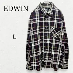 1224【EDWIN】メンズ 長袖チェックシャツ ポケット 黒 Ｌ 大きめ 古着