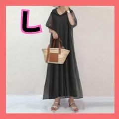 シースルー ロングワンピース マキシ パーカー プリーツ バルーン袖 黒 L