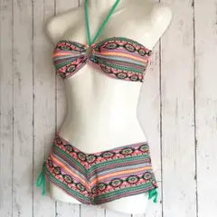 【新品 送料込】バンドゥビキニ&パンツ エスニック トライバル柄 グリーン紐