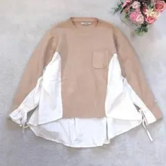 オルウェイズ ニット×シャツ異素材トップス シンプル カジュアル フレア 可愛いのサムネイル
