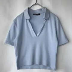 美品！ZARA クロップド丈半袖ポロシャツ　トップス　スカイブルー Mサイズ