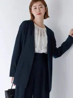 ベーシックノーカラーVネックジャケット（ネイビー）