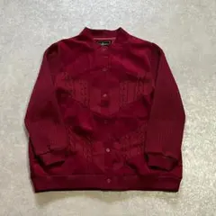 古着　ブルゾン カーディガン 編み込み　ケーブルニット スウェード エンジ　赤