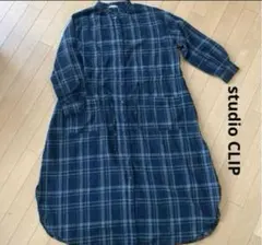 studio CLIP シャツワンピース チェック 麻混 　長袖　F 黒
