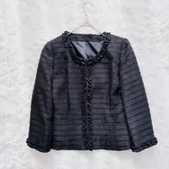 ノーカラージャケット ツイードジャケット 長袖 フリル フォーマル ブラック M
