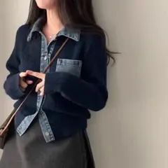 デニム襟付きふわふわ可愛いニット♡春オーバーサイズトップス