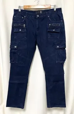 サイズXXL 雅結 和柄ちりめん 刺繍入り ストレッチ デニム カーゴパンツ