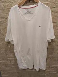 トミーヒルフィガー ホワイト Vネック Tシャツ XLロング丈