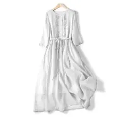 【A-2】シャツワンピース 白 XL マキシ丈 紫外線カット 夏用