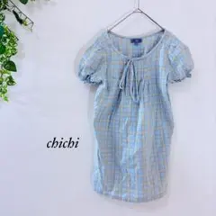 chichi チェック柄ピンタック半袖ブラウス パフスリーブ S フレンチ