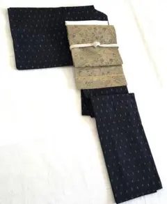ウール紬単衣着物【オーシャン×白×黄×絣文様】名古屋帯/帯締め