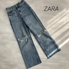 ZARAザラ　ダメージデニム　膝クラッシュ　ワイドパンツ　トレンド　s 小さめ