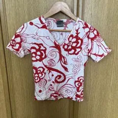花柄 半袖Tシャツ Mサイズ 白/赤