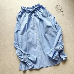 イエナ【２０２５】タイプライターフリルカラーブラウス　ブルー