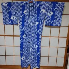 青地に白の麻の葉と 扇子模様の浴衣 美品
