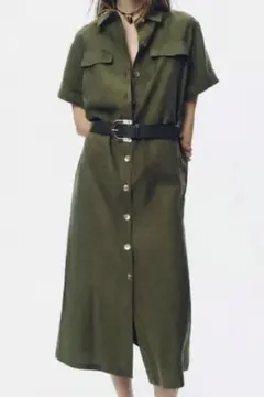【ZARA】ロングワンピース　フロントボタン　カーキ　ベルト付き