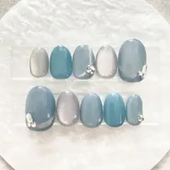 【サイズオーダー専用】くすみブルー マグネット シルバー ライン ネイルチップ