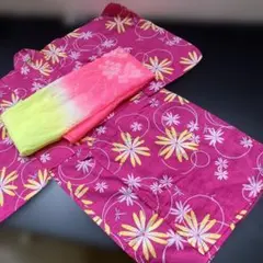 ピンク地 花柄 浴衣 帯セット子供用浴衣 着丈79cm 身長110～120cm