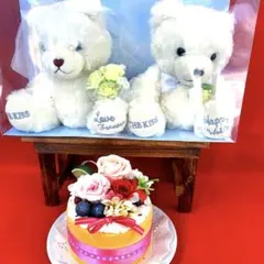 テディベア　ウエディングベア　白　フラワーケーキ付き　結婚式　アニバーサリー