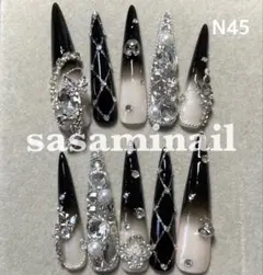 スナ系 ワンホン 中華 ちゅるんネイル 黒 綺麗め ギャル ロング キルティング