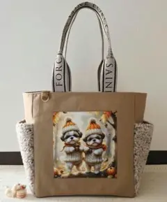 ハンドメイド winter シーズーちゃん両サイドポケットトートバッグU^ェ^U