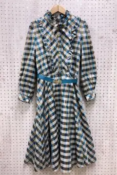 レトロ古着 クラシック チェック総柄 ベルト付き フリルカラー シャツワンピース