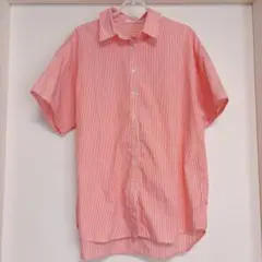 美品✨️オレンジ 白 ストライプ 半袖シャツ 海外古着 フリーサイズ 羽織
