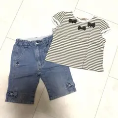 familiar♡リボンボーダートップス ＆膝丈ハーフデニム100cmのサムネイル