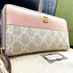 現行✨グッチ 長財布 ラウンドファスナー レザー×GGスプリーム ピンク