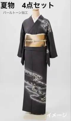 【4点セット】正絹 夏用 付け下げ 帯・帯揚げ・帯締め ダークグレー 流線花文様