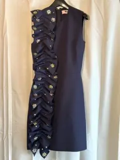 【MSGM】ノースリーブワンピース/ネイビー フリル付き フラワービジュー 38