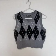 SHINEアーガイル柄 ニットベスト グレー/ブラック Mサイズ