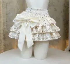 ボリュームフリルパニエ風スカート ドット柄 大きなリボン付き 白