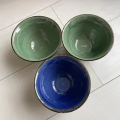 陶器 茶碗 3個セット 緑と青の渦巻き模様